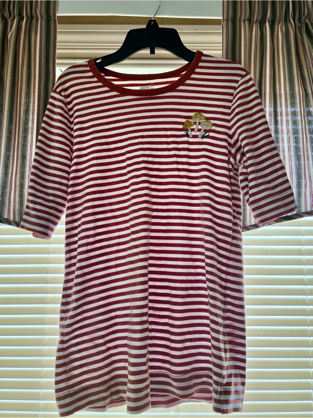 Duluth Trading Co Red & White Striped Short Sleeve Tee with Mushroom Patch